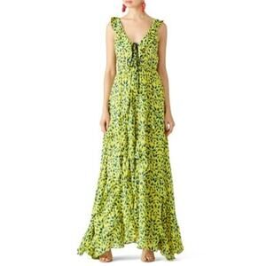 TANYA TAYLOR Yellow Blue Printed Silk Chiffon V-Neckline Maxi Dress Size 2